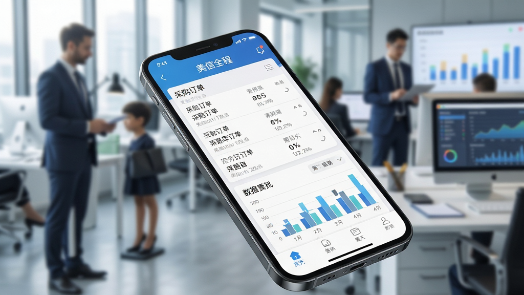 画面主体为一部智能手机屏幕特写,屏幕内清晰显示“美信全程”APP主界面,界面布局呈现采购订单列表与数据图表。背景为虚化的现代商务办公室环境,有忙碌的商务人士与电脑屏幕。构图采用45度俯视角,突出手机屏幕内容。风格为写实商业科技感,画面干净明亮,细节丰富,画质高清,无多余元素。