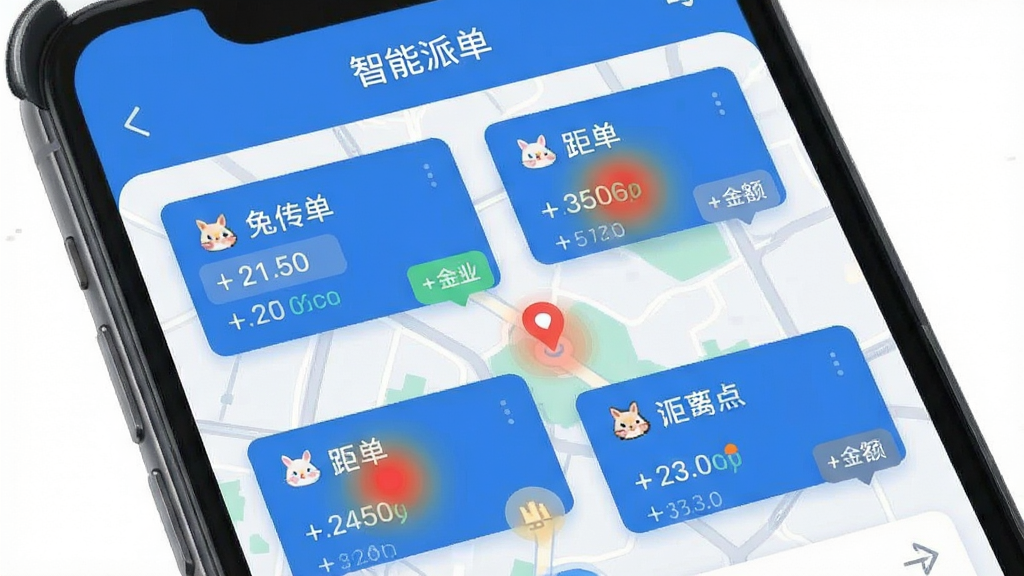 手机界面展示小兔代驾司机接单大厅,地图上分布多个订单热点,顶部有“智能派单”字样,界面布局清晰,订单卡片突出显示,采用扁平化UI设计,蓝色主色调,细节包含距离与金额标签,画质清晰干净无多余元素