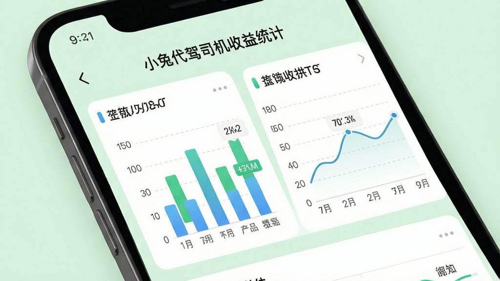 手机屏幕显示小兔代驾司机收益统计页面,包含柱状图与折线图,数据标注清晰,背景为淡绿色,界面简洁直观,采用现代数据可视化风格,细节清晰,画质干净,无多余元素