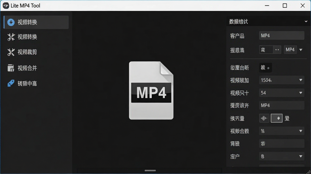 һ��չʾLite MP4 Tool����������ĸ����ͼ��������ü�����ɫ���⣬���Ϊ�����б�����������Ƶת��������Ƶ�ü�������Ƶ�ϲ�����ѡ��Ҳ�Ϊ��ϸ�Ĳ���������壬����������ʾһ����������MP4��Ƶ�ļ�ͼ�꣬���岼������������ִ������ʸɾ����޶���Ԫ��