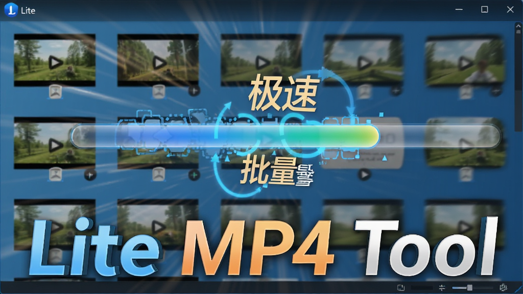 չʾLite MP4 Toolת�����湤��ʱ�Ľ��棬����Ϊ��͸���Ľ�������������ʾ�����Ƶ�ļ����ڱ����ٴ��������涯�У�ͻ�������١��롰�������ص㣬ǰ��չʾ����Logo��Lite MP4 Tool��������ɫ��������ϸ�ڷḻ�������������޶���Ԫ��