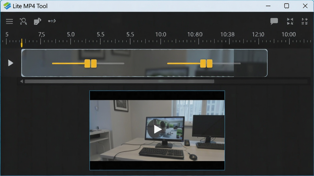 һ��չʾLite MP4 Tool��Ƶ�ü����ܵ�Ӧ�ý��棬��������ʾһ������ʱ��̶ȵ���Ƶ�������������������϶��Ļ�ɫ��������ѡ��ü���Χ���·�Ԥ��������ʾ��ǰ֡���棬�������ơ�Lite MP4 Tool�����������Ͻǣ�����������ֱ�ۣ��Ƽ���ǿ�����ʸɾ����޶���Ԫ��