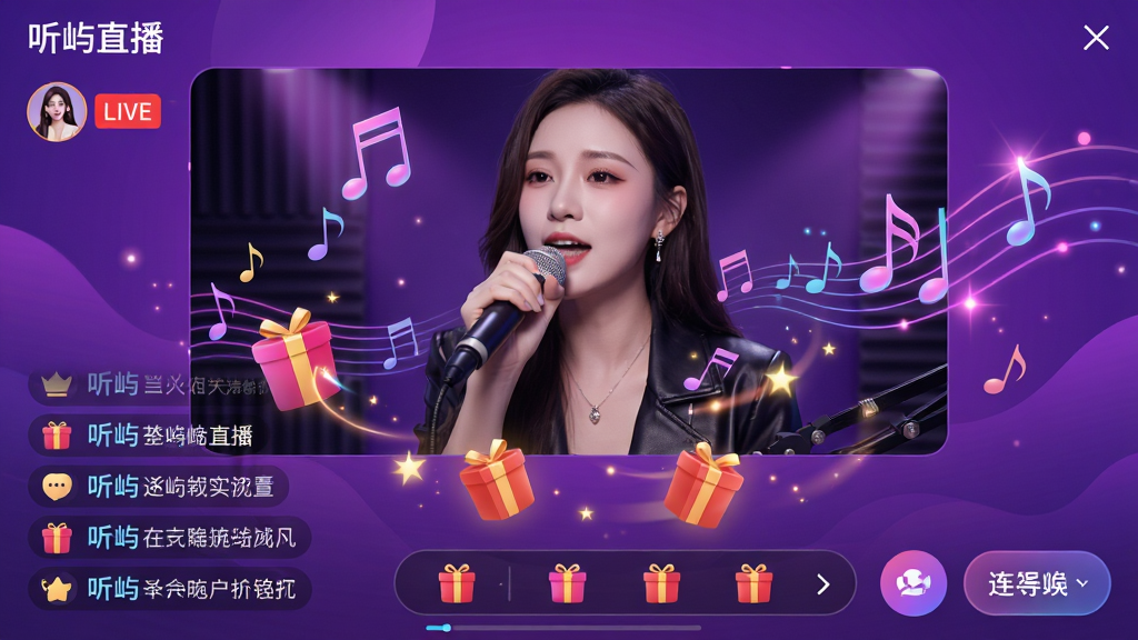 ���壺�����족ֱ�����棬չʾһλ�������ڳ��裬�·���������Ч�뵯Ļ���������֣������������ƫ�ϣ��·�Ϊ�������򣨵�Ļ��������������ť����������������ɫ����Ϊ�����Ű棺ͻ��ֱ�����棬���ܰ�ť������ע�����ʱ�����������й�Ч�붯������Ԫ�ء�ϸ�ڣ����Ͻ���ʾ������ֱ��������������ͷ�����С�LIVE����ꡣ���ʣ����廭�ʣ��ɾ����޶���Ԫ�ء�