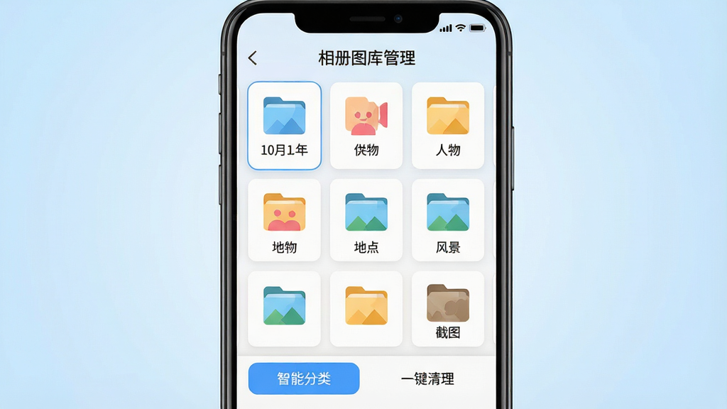 主体:一部智能手机屏幕显示“相册图库管理”软件主界面,界面中照片被整齐分类为时间轴、人物、地点、风景、截图等文件夹图标;布局:居中构图,手机屏幕占画面主体,背景为柔和的浅蓝色渐变;排版:界面采用卡片式网格布局,每个分类卡片上带有小图标和文字标签;风格:扁平化现代设计风格,色彩明亮清新;细节:屏幕上方显示“相册图库管理”字样,下方有“智能分类”“一键清理”按钮;画质:高清渲染,干净无多余元素。