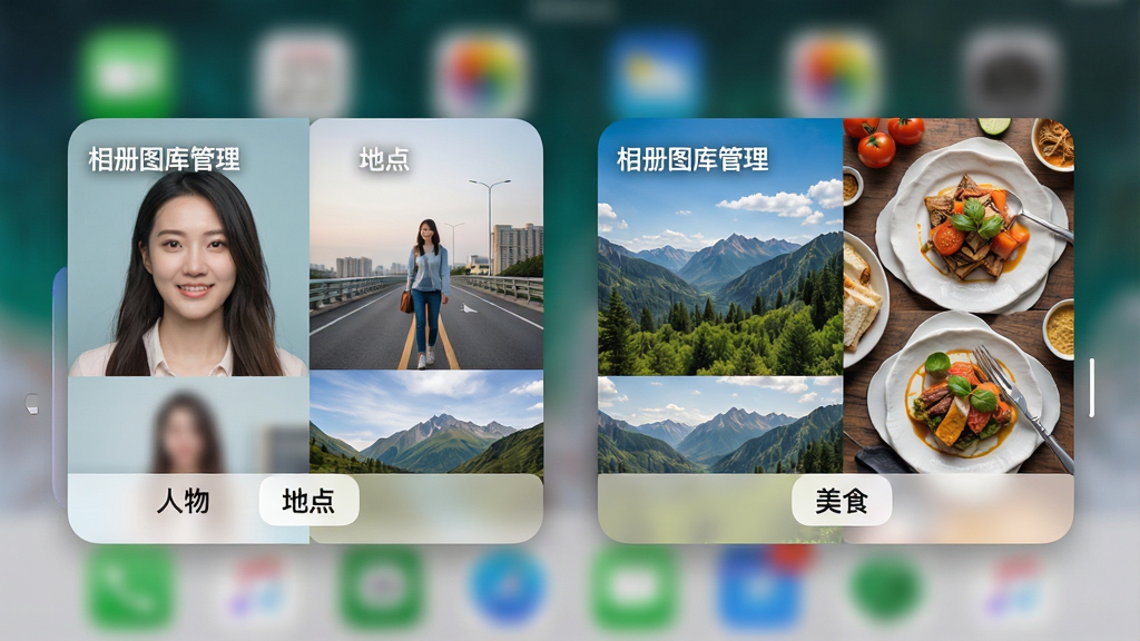 主体:“相册图库管理”软件的分类界面,展示“人物”、“地点”、“风景”、“美食”四个智能相册封面,每个封面由该类别下的代表性照片拼贴而成;布局:左右滑动式卡片布局,当前屏幕显示两个半卡片,暗示可横向滑动;排版:大图卡片式设计,卡片底部有白色半透明标签;风格:iOS风格毛玻璃效果,背景虚化;细节:封面照片清晰鲜艳,左上角有“相册图库管理”水印文字;画质:超高清,干净无多余元素。