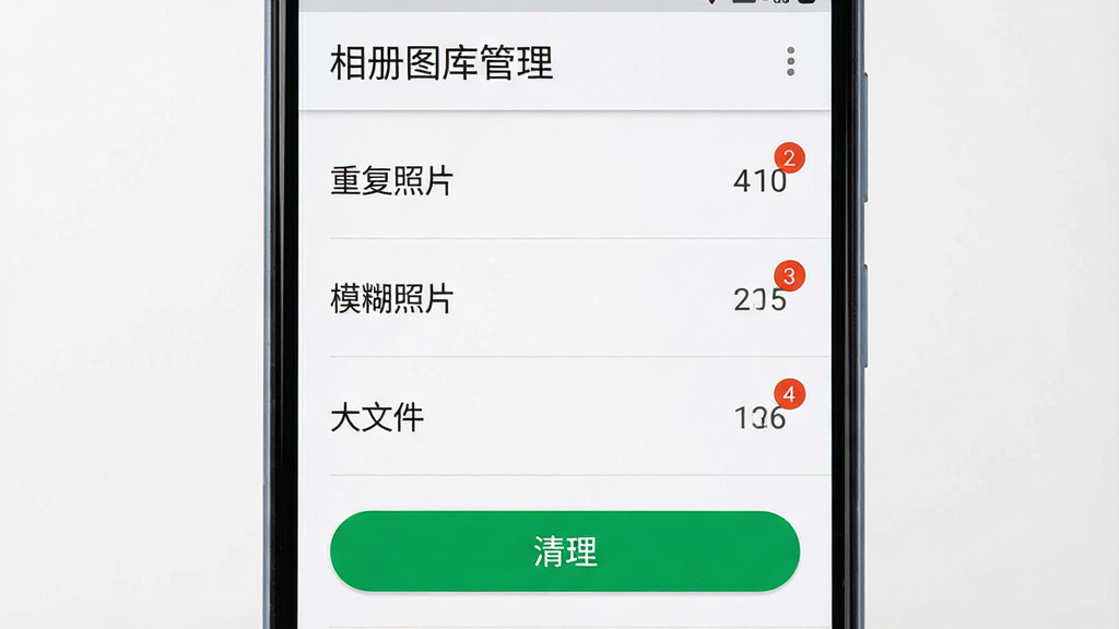 主体:手机屏幕显示“相册图库管理”的“清理”界面,上方有“重复照片”“模糊照片”“大文件”三个选项,下方有“清理”按钮;布局:竖屏截图,界面居中;排版:列表式布局,每个选项右侧有数量角标;风格:简洁Material Design风格,背景白色;细节:屏幕顶部有“相册图库管理”字样,按钮为绿色圆角矩形;画质:清晰,干净无多余元素。