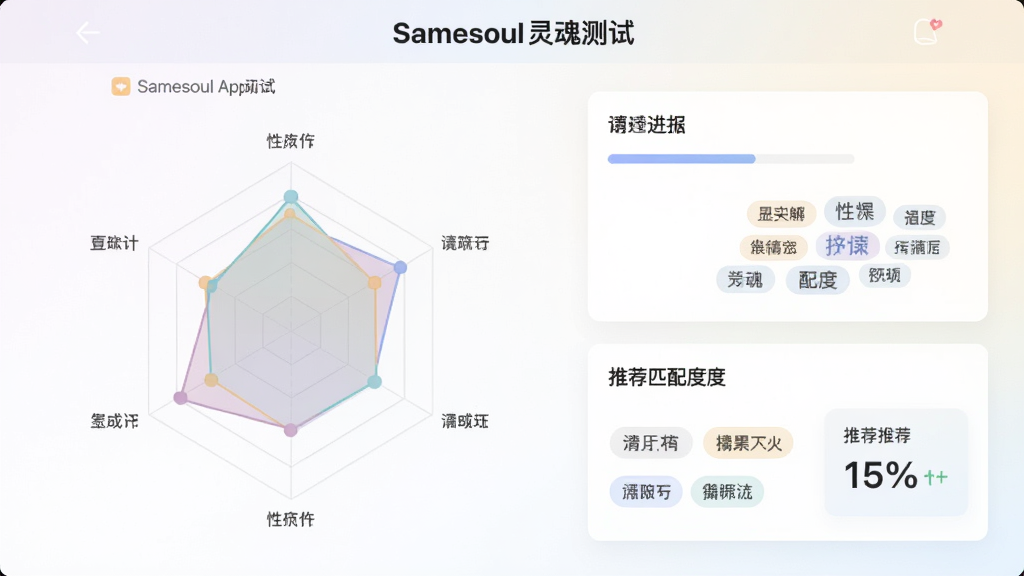 ͼƬ����ΪSamesoulӦ�õ������Խ��棬���չʾһ����ά�Ը��״�ͼ���Ҳ�������ϸ�ķ������濨Ƭ������Ϊ�ɾ���ǳɫ���䡣���ֲ������ҷ���ʽ���Ϸ����С�Samesoul�����ԡ��ı����������������¼�࣬ϸ�ڰ�������������ǩ�ƺ��Ƽ�ƥ��Ȱٷֱȣ�����ϸ�壬ɫ����ͣ��ɾ�������Ԫ�ء�
