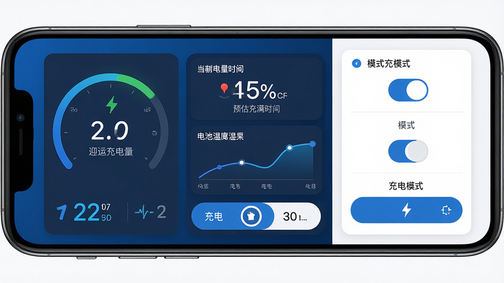 一张高清产品功能展示图,主体为智能手机屏幕显示迎运充电盒主界面,界面包含当前电量百分比、预估充满时间、电池温度曲线以及充电模式选择按钮,布局采用左右分栏设计,左侧为数据仪表盘,右侧为模式切换卡片,整体风格为现代扁平化UI设计,色彩以科技蓝与白色为主,细节上突出核心数据高亮显示,画质清晰干净,无多余元素