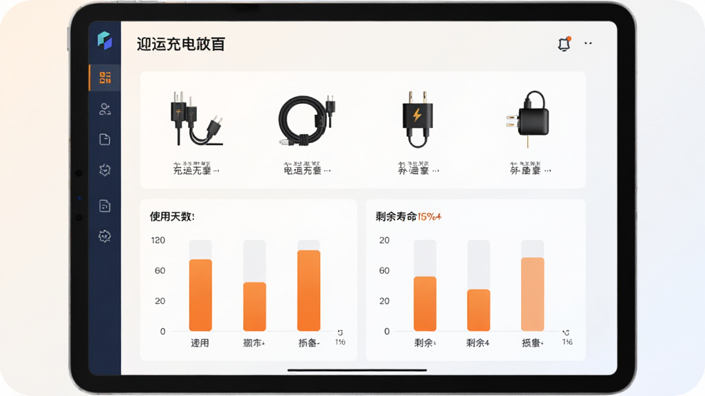 一张数据管理界面图,主体为平板电脑显示迎运充电盒的配件管理页面,页面上方为充电线缆与充电头的图标,下方为使用天数、剩余寿命百分比柱状图,布局采用上下结构,背景为浅色渐变,风格为清新商务风,细节中数据条以橙色高亮显示,画质干净,无多余元素