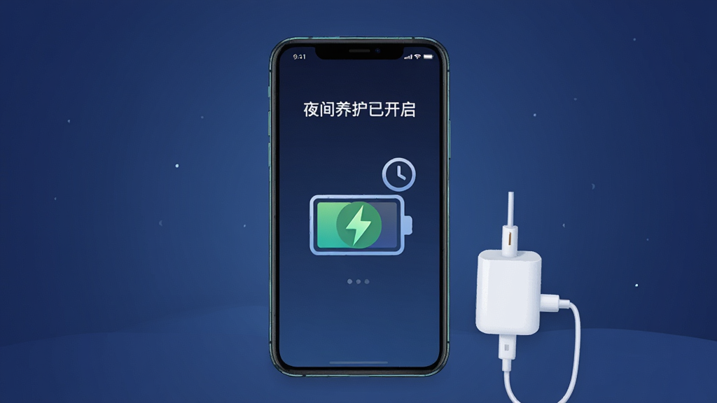 一张功能示意图,主体为智能手机连接充电器并显示迎运充电盒的夜间养护模式界面,界面中有电池轮廓图与时钟图标,布局采用居中构图,背景为柔和的深蓝色渐变,界面显示“夜间养护已开启”文字,风格为科技感插画,细节中电池图标带有绿色闪电符号,画质干净清晰,无多余元素
