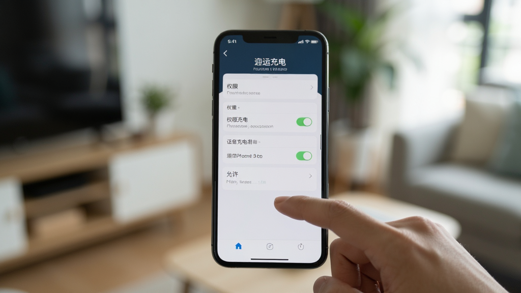 一张操作演示图,主体为一只手正在操作手机,屏幕显示迎运充电盒的设置界面,界面中有权限开关列表,布局采用三分法构图,背景为模糊的室内环境,风格为写实摄影风格,细节中手指点按“允许”按钮,画质干净,无多余元素