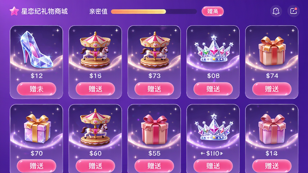 ���壺�����������̳ǽ��棬չʾ�������ͼ����ˮ��Ь����תľ��������ʹڡ����֣��������У�ÿ�������·���ʾ�۸�����Ͱ�ť���Ű棺����Ϊ������ɫ�����￨Ƭ��������Ч������񣺾��»�����UIԪ�������ǿ�������罻App�������̳ǵĵ��ԡ�ϸ�ڣ������С�����ֵ�������������Ͱ�ťΪ�����ɫ�����ʣ����壬ɫ��Ѥ�����ɾ��޶���Ԫ�ء�