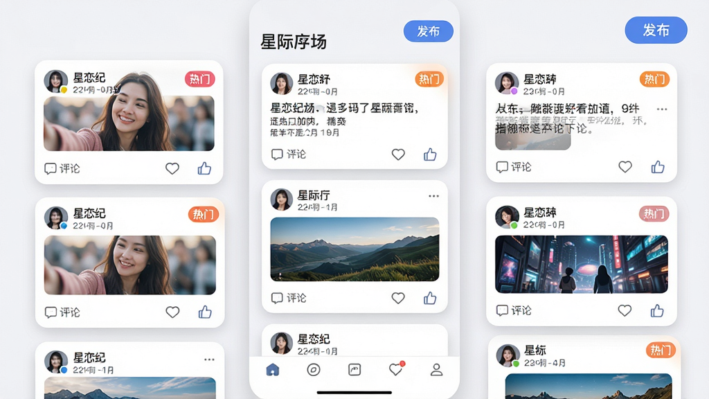 ���壺������APP�ġ��Ǽʹ㳡�����棬չʾ������̬��Ƭ�������û����ġ��羰ͼ�����֡����֣��ٲ�����ʽ����Ƭ�������У����Ͻ��С���������ť���Ű棺��ƬԲ����ƣ�ÿ����̬��ʾͷ���ǳơ�ʱ�������ժҪ���·������ۺ͵���ͼ�ꡣ����ִ��罻App��񣬱���Ϊǳ�Ұף���Ƭ��Ӱ��ͣ����������졣ϸ�ڣ����ֿ�Ƭ�������š���ǩ������ײ��е����������ʣ����壬ϸ�ڷḻ���ɾ��޶���Ԫ�ء�