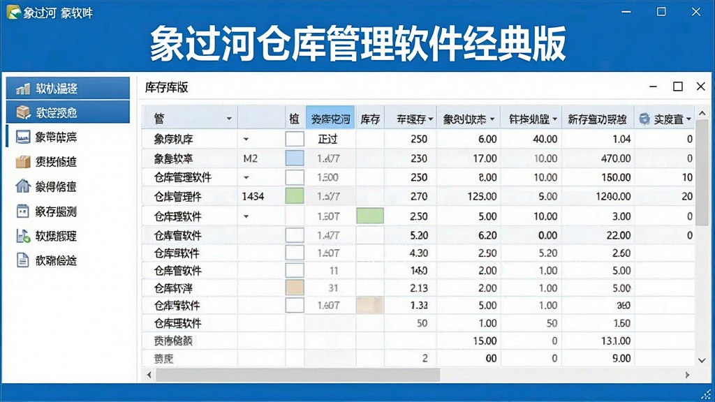 一幅展示象过河仓库管理软件经典版主界面的电脑截图风格图片,界面清晰显示左侧功能菜单与中央库存表格数据,整体干净明亮,软件名称“象过河仓库管理软件经典版”以标题形式显示在窗口顶部,布局规整,商务蓝色调,高分辨率,画质干净,无多余元素