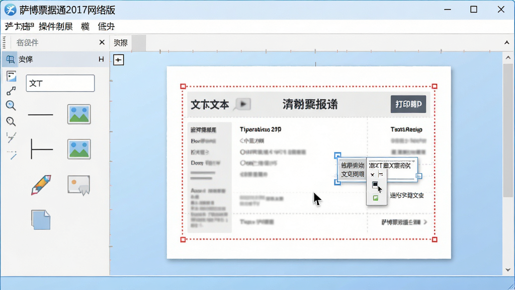 画面主体为“萨博票据通2017网络版”的模板设计器操作界面截图风格展示。布局上,左侧是控件工具栏,包含文本框、线条、图片图标,右侧为一张正在编辑的票据设计画纸。排版模拟真实软件窗口比例,菜单栏清晰可见。风格为扁平化UI设计展示图,背景采用浅蓝色渐变。细节上,画纸中有一条红色虚线标识打印区域,鼠标指针旁边悬停着一个被选中的文本框控件。画质为高清矢量风格,色彩柔和,界面干净整洁,无多余元素。