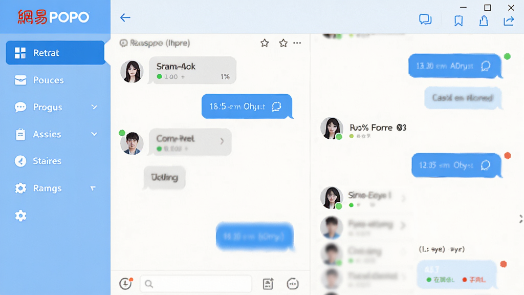 主体:网易POPO软件主界面展示,包含聊天窗口和联系人列表。布局:左侧为功能导航栏,右侧为对话区域,整体排列整齐。排版:界面清爽,功能图标清晰标注。风格:现代简约,蓝白主色调。细节:界面中显示