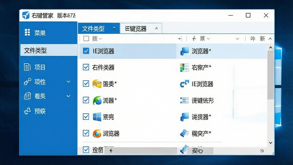 主体:一款名为“右键管家”的Windows桌面软件界面展示,软件主窗口呈现简洁的列表样式。布局:左侧为功能导航栏,右侧为右键菜单项目列表,列表项带有复选框和图标,整体结构清晰。排版:窗口上方显示软件名称“右键管家”及版本号,菜单分类标签如“文件类型”、“IE浏览器”等,采用现代扁平化设计风格,色彩以蓝白为主。画面清晰,细节丰富,画质干净,无多余元素。