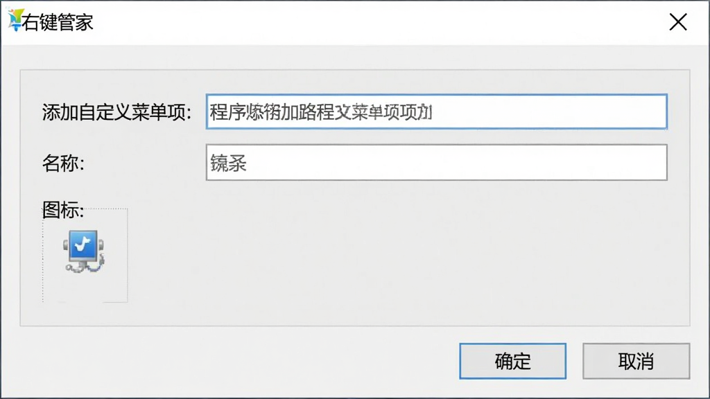 主体:展示“右键管家”软件中“添加自定义菜单项”的设置窗口,窗口内包含程序路径输入框、名称输入框和图标选择区域。布局:窗口居中,上方为标题“添加自定义菜单”,下方为表单布局,右侧有“确定”和“取消”按钮。排版:整体设计为浅色背景,控件排列整齐,视觉上清晰易用。画质干净,无多余元素。