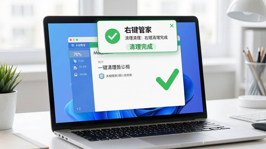 主体:一台笔记本电脑屏幕上显示“右键管家”正在执行一键清理的界面,旁边有绿色对勾表示清理完成。布局:电脑屏幕占据画面中央,清理完成提示框浮动在屏幕上方,背景为干净的桌面。排版:整体构图简洁,突出软件界面,风格写实,光线明亮,画质清晰,细节丰富。