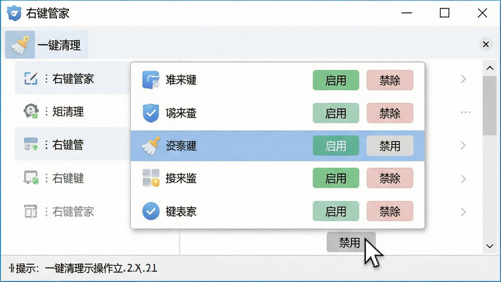 主体:展示“右键管家”软件主界面中“一键清理”功能的操作截图,鼠标指针指向一个标有“禁用”的按钮。布局:界面中央显示一个右键菜单列表,每项右侧有“启用”和“禁用”按钮,当前选中项高亮显示。排版:界面顶部为软件标题栏“右键管家”,下方为菜单项列表,每个选项前有图标和名称,底部为操作提示信息。整体风格简洁明了,色调淡雅,画质清晰,细节丰富,无多余元素。