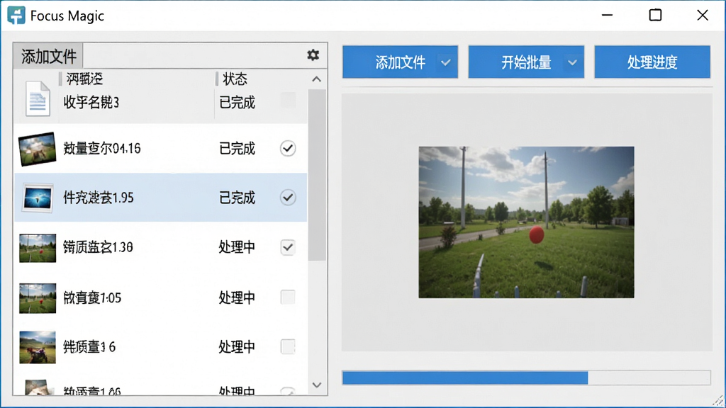 主体:Focus Magic批量处理界面,左侧是文件列表,右侧是处理进度窗口。布局:上方有“添加文件”、“开始批量”等按钮,中间有预览小图。排版:文件列表显示文件名和状态,下方有进度条。风格:实用工具风格,界面为浅灰色,按钮为蓝色。细节:列表中有多张图片文件,状态显示“已完成”和“处理中”,软件名称“Focus Magic”在左上角。画质:清晰干净,无多余元素。