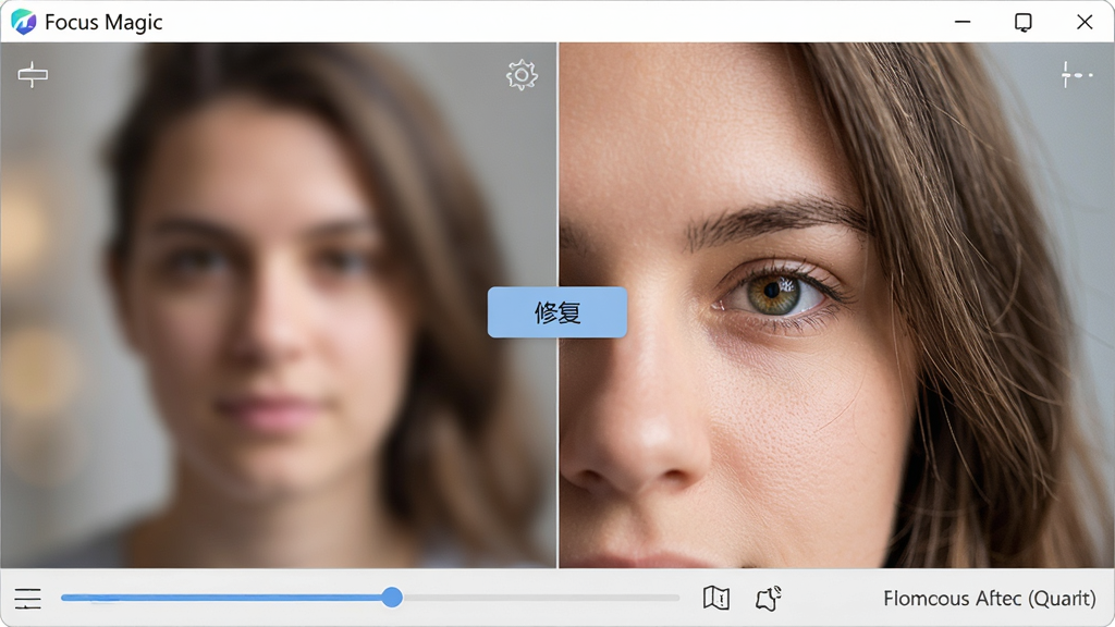 主体:Focus Magic软件界面,左侧显示一张失焦的人像照片,右侧显示修复后的人像,眼睛和发丝清晰可见。布局:左右分屏对比,中间有“修复”按钮。排版:界面底部有进度条和状态提示。风格:简洁现代,背景浅灰色,功能图标线条化。细节:人像背景虚化柔和,主体锐利,软件名称“Focus Magic”在顶部标题栏。画质:超清画质,干净无多余元素。