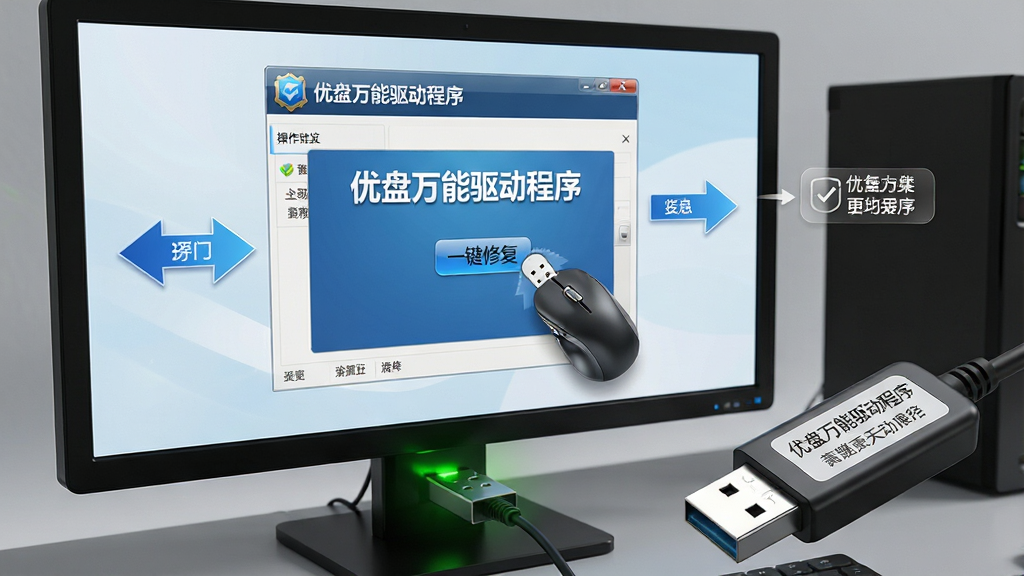 主体:电脑屏幕显示“优盘万能驱动程序”操作界面,鼠标正在点击“一键修复”,同时U盘插在主机上并发出绿色光效。布局:电脑屏幕为主,U盘特写右下角。排版:步骤引导箭头指示。风格:写实3D渲染,灯光细腻。细节:屏幕界面文字清晰,U盘标签可见。画质:超清,干净,无多余元素。