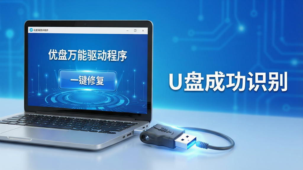 主体:一台笔记本电脑连接着一个U盘,屏幕显示“优盘万能驱动程序”主界面,界面中有“一键修复”大按钮,背景为蓝色科技感渐变。布局:电脑居左,U盘发光,右侧文字“U盘成功识别”。排版:简洁清晰,标题醒目。风格:写实3D渲染,光线明亮。细节:U盘接口细节清晰,屏幕界面文字可见。画质:高清,干净,无多余元素。