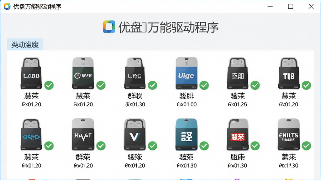 主体:“优盘万能驱动程序”软件界面,列表展示多个U盘主控品牌图标,如慧荣、群联等,旁边打上绿色对勾。布局:界面居中,图标阵列排布。排版:清晰有序,分类明确。风格:扁平化UI设计,色彩鲜明。细节:每个图标下方有对应驱动版本号。画质:极清,干净,无多余元素。