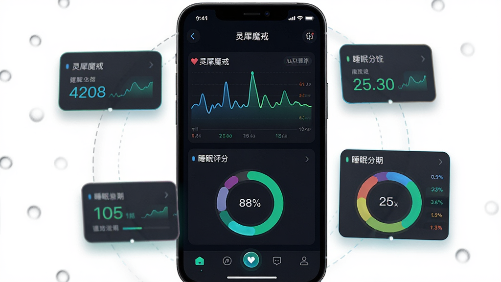 主体:打开状态的“灵犀魔戒”APP界面,展示心率曲线与睡眠分期环图。布局:手机界面占据画面中央,周围环绕几个动态数据悬浮卡片。排版:从上到下依次为状态栏、心率波形图、睡眠评分圆环、底部导航栏。风格:医疗级健康科技风格,深色背景搭配蓝绿色高亮数据。细节:心率波形平滑流畅,睡眠环图色彩分明,屏幕顶部显示“灵犀魔戒”字样。画质:高清渲染,干净,无多余元素。