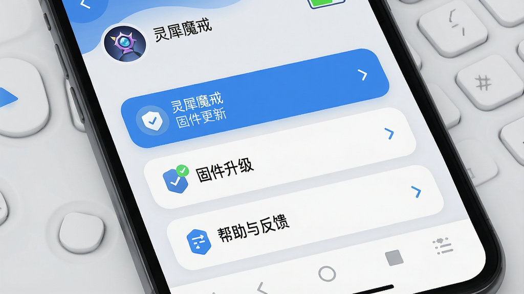 主体:“灵犀魔戒”APP的“我的”设置页面,展示设备管理、固件升级、帮助与反馈等选项。布局:手机屏幕特写,底部有虚拟按键,页面顶部是用户头像与昵称。排版:列表式布局,每个功能项右侧有小箭头,背景为浅灰色。风格:清爽简洁,蓝白配色,圆角卡片设计。细节:屏幕中显示“灵犀魔戒”和“固件更新”字样,以及电量图标。画质:细节丰富,干净,无多余元素。