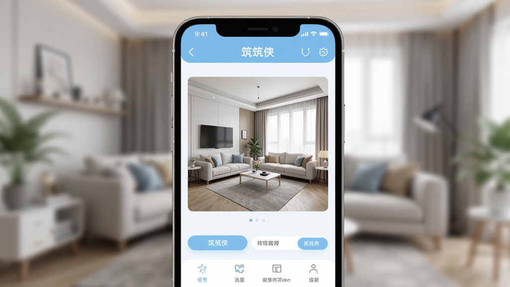 高清展示“筑筑侠”软件在智能手机上运行的主界面,界面风格简约现代,以浅蓝色和白色为主色调,屏幕上清晰显示着一个现代风格客厅的3D装修效果图,布局饱满,画面干净,光线柔和,背景虚化处理突出手机屏幕内容,整体呈专业软件评测预览图风格,画质细腻,无多余元素。