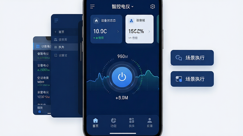 主视觉展示:智能手机屏幕正中央显示智控电仪应用主界面,界面采用深蓝色科技感主题,上方为设备状态概览卡片,中部为圆形电源控制按钮,按钮周围环绕实时功率数据曲线,下方为功能导航栏。界面布局清晰,左侧边缘有设备列表抽屉半展开状态,右侧浮动着场景执行快捷按钮。整体风格现代简约,突出专业与智能感,UI设计精细,边缘无多余元素,画质高清干净。