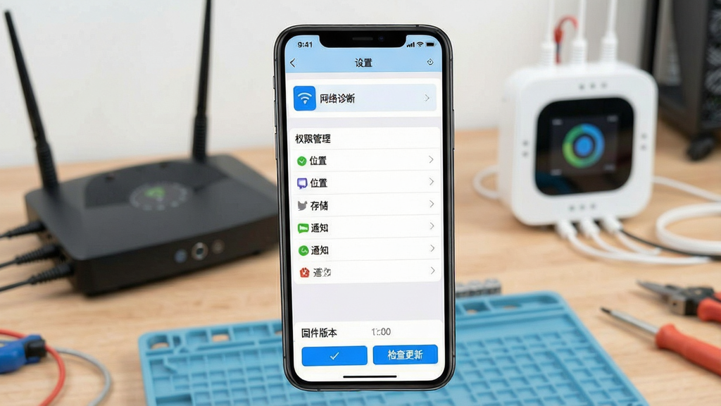 实际操作教程插图:手机屏幕展示智控电仪应用内的“设置”菜单,顶部为“网络诊断”工具入口,中部为“权限管理”列表,包含位置、存储、通知等。底部显示“固件版本”与“检查更新”按钮。背景为工作台场景,有路由器与智能家居中央控制器。构图清晰,光线明亮,界面文字可辨识,画质干净,无多余元素。