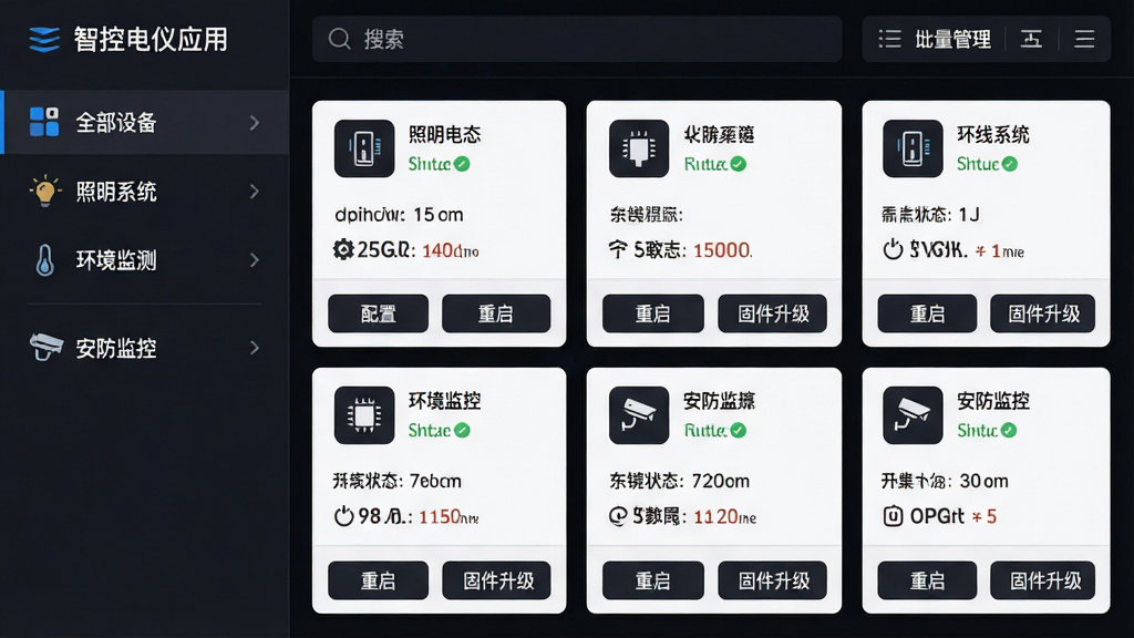 功能界面截图:智控电仪应用内的设备列表页面,左侧为侧边栏分类导航,包含“全部设备”、“照明系统”、“环境监测”、“安防监控”等分组。右侧主体区域以卡片形式平铺展示各设备状态,每张卡片显示设备图标、名称、在线状态及关键运行参数。卡片下方有“配置”、“重启”、“固件升级”三个按钮。页面顶部为搜索框和批量管理工具栏。整体采用深色主题,图标线条凌厉,信息层级分明,移动端适配良好,画质清晰,无多余元素。