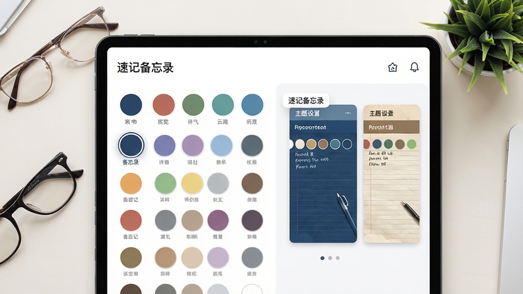 ����չʾ���ټǱ���¼��Ӧ�õ��������ý��棬��Ļ��һ���Ų�ͬ��ɫ��Բ������ɫ�鹩ѡ�񣬵�ǰѡ��һ������ɫ�������⣬����Ԥ���������ͬһ�ʼ��ڲ�ͬ�����µ��Ӿ�Ч���Աȡ�����Ϊ�ɾ���ǳɫ���棬�ڷ����۾�����ֲ��������ΪUI����չʾ�����ֹ�������ɫЭ�������ʸ��壬�ɾ��޶���Ԫ�ء�