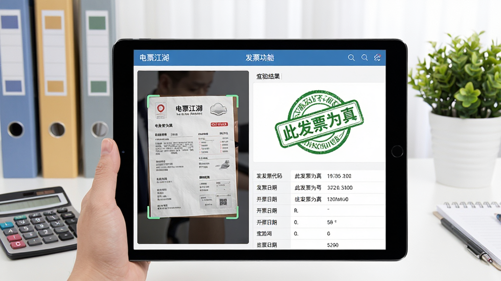 电票江湖软件界面在平板电脑上显示发票查验功能,左侧为发票照片识别区域,右侧显示查验结果“此发票为真”绿色印章,下方列出发票代码、号码、开票日期等结构化数据,背景为财务办公室场景,有计算器、文件夹与绿植,整体明亮整洁,画质干净,无多余元素。