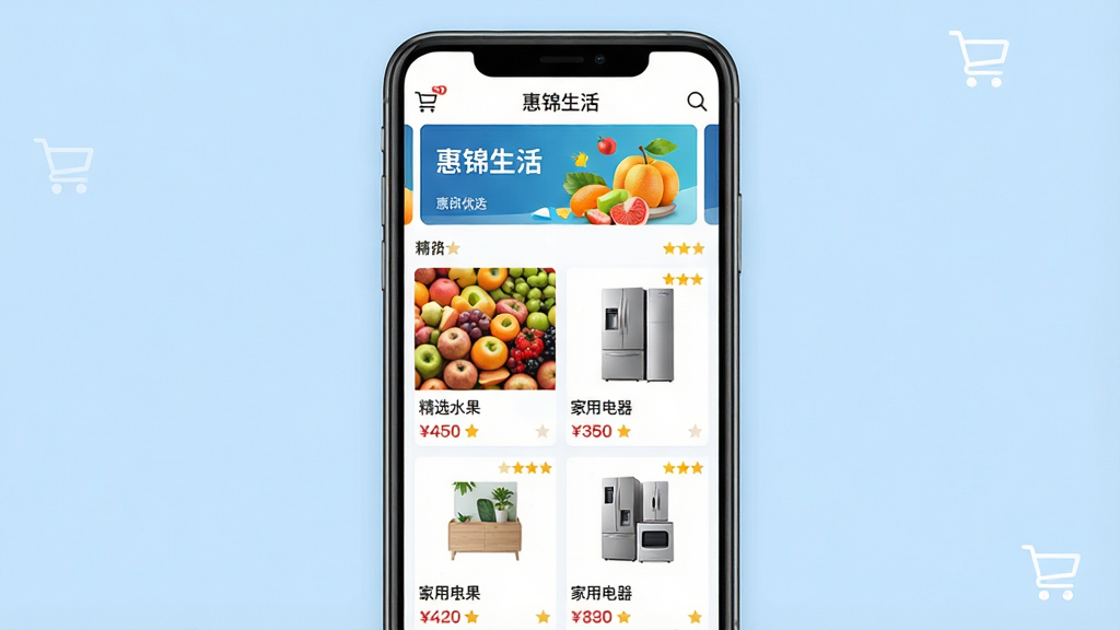 һ��չʾ�ݽ�����APP������ѡ�̳���Ʒ�б��Ľ�����ƣ�����Ϊ�ֻ���Ļ����Ļ����ʾ���ݽ�����̳�ҳ�棬����Ϊ�ֲ������棬�·�Ϊ��Ʒ�ٲ�����չʾ������ƷͼƬ�ͼ۸��ǩ���硰��ѡˮ�����������õ�����������Ϊǳ��ɫ�����й��ﳵͼ����������۷��ţ���������񣬻����������ɾ����޶���Ԫ��
