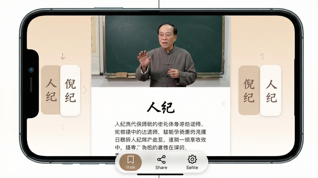 ���壺�˼�APP���ֻ���ʹ�õ�ʵ�ʲ�����ͼ��չʾ����ѧϰģʽ�µĽ��棻���֣���Ļ�ϰ벿��Ϊ��Ƶ���Ŵ��ڣ��°벿��Ϊ���ֽ̲��Ķ������Ű棺���һ������л��½ڣ��ײ�����ǩ��ʼǰ�ť������ִ�����UI��ƣ�ɫ���ºͻ��ۣ�ϸ�ڣ���Ƶ����������ʦ���ξ�ͷ����������ʾ