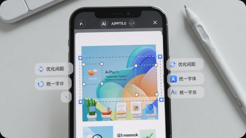 画面主体为AiPPT5.0软件在手机上的编辑界面,展示一张正在被AI辅助设计优化的幻灯片,页面两侧有半透明的调整建议悬浮按钮,如“优化间距”、“统一字体”。背景为浅灰色的工作台,有触控笔放置一旁。布局以界面特写为主,风格为写实UI截图风格,细节需呈现AI对页面元素框选的虚线高亮效果。画质清晰,简约干净,无多余元素。