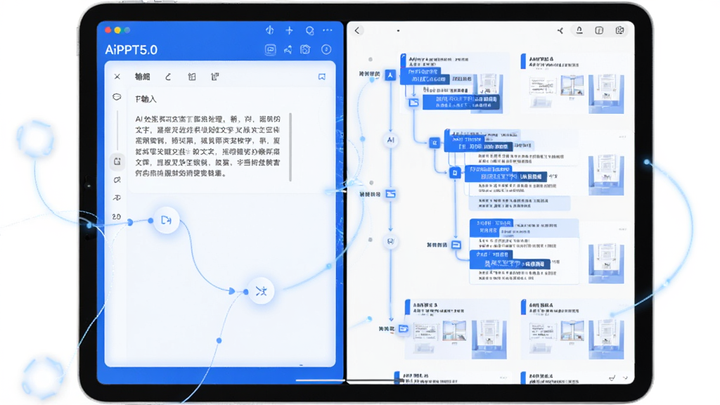 画面主体为AiPPT5.0软件在平板电脑上运行的界面,左侧是文字输入框,右侧实时生成多页幻灯片的大纲结构。布局采用左右分屏设计,界面风格简洁明快,以蓝色和白色为主色调。细节上突出AI处理文字并转化为结构化页面的过程示意,配以流畅的线条连接元素。画质高清,充满未来科技感,干净整洁,无多余元素。