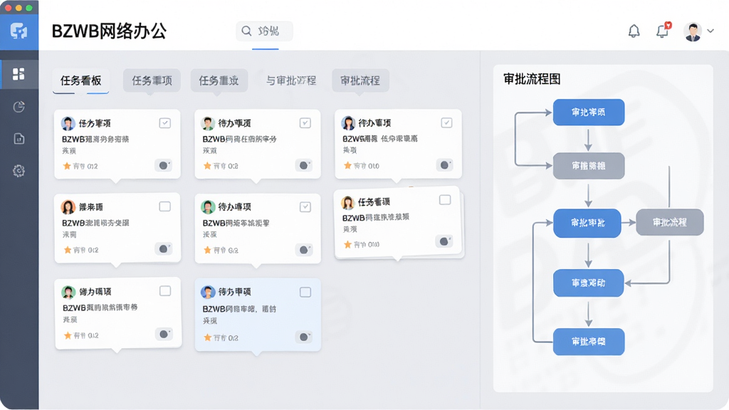 一幅展示“BZWB网络办公”中任务看板与审批流程的界面设计,背景为虚拟看板,上面列有待办事项卡片,右侧显示一个审批流程图,有节点与箭头连接,整体色调以浅灰与蓝色为主,风格扁平化,布局清晰,细节丰富,画质干净,无多余元素。