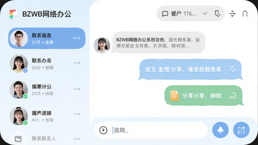 展示“BZWB网络办公”即时通讯功能的对话界面,左侧为联系人列表,右侧为聊天窗口,包含文本消息与文件分享气泡,底部有输入框与功能按钮,整体界面采用圆角设计,色彩柔和,布局合理,细节丰富,画质干净,无多余元素。