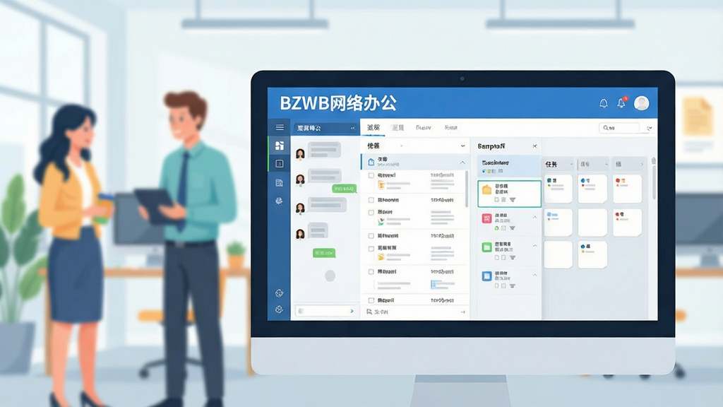 一幅现代企业办公场景的插画,前景是电脑屏幕中显示“BZWB网络办公”的软件界面,界面包含聊天窗口、文档列表和任务看板,背景是模糊的办公室环境,有几位同事在交流,整体风格明亮清新,布局均衡,细节丰富,画面干净,无多余元素,文字清晰可见。
