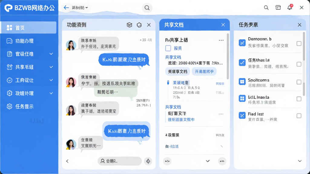 展示“BZWB网络办公”软件主界面的截图风格插画,左侧为功能导航栏,右侧分为多个区域,分别显示聊天对话、共享文档和任务列表,整体采用蓝色与白色为主色调,界面简洁清晰,布局合理,细节丰富,画质干净,无多余元素。