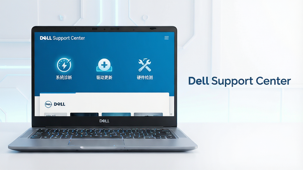 主体:戴尔笔记本电脑屏幕显示“Dell Support Center”主界面,界面简洁清晰。布局:电脑居中放置,屏幕内容放大展示,界面包含“系统诊断”、“驱动更新”、“硬件检测”等图标,布局整齐。排版:画面左侧为电脑实物,右侧留白处标注“Dell Support Center”字样,整体平衡。风格:现代科技感,蓝白主色调,明亮通透。细节:屏幕图标带微光效,键盘有背光,桌面整洁无杂物。画质:高清渲染,干净无多余元素。