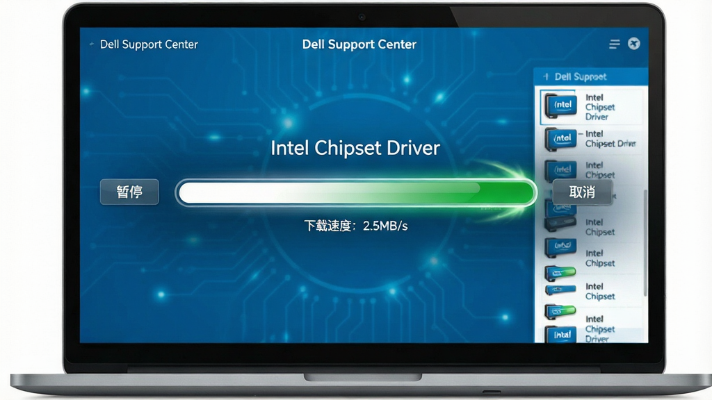 主体:笔记本电脑屏幕显示驱动更新进度条,正在下载“Intel Chipset Driver”。布局:界面中央为进度条,上方有“Dell Support Center”字样,下方显示“下载速度:2.5MB/s”。排版:进度条占视觉中心,左右两侧有“暂停”“取消”按钮。风格:科技蓝背景,白色进度条渐变为绿色。细节:进度条带动态光泽,旁边有驱动列表缩略图。画质:高分辨率,干净无多余元素。