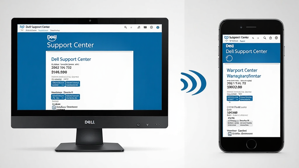 主体:一台戴尔台式机与一部手机并排,屏幕同步显示“Dell Support Center”的保修信息页面。布局:左侧为台式机,右侧为手机,中间以无线符号连接。排版:画面分为左右两半,背景为浅灰色渐变。风格:商务简约,蓝白配色。细节:保修日期、服务标签等信息清晰可辨,手机端界面与PC端一致。画质:干净整洁,无多余元素。