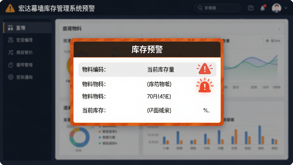 主体:宏达幕墙库存管理系统的预警通知界面。布局:界面中央显示一个弹窗,列出预警物料信息。排版:列表简洁,字体清晰。风格:警示风格,橙色边框。细节:弹窗标题为