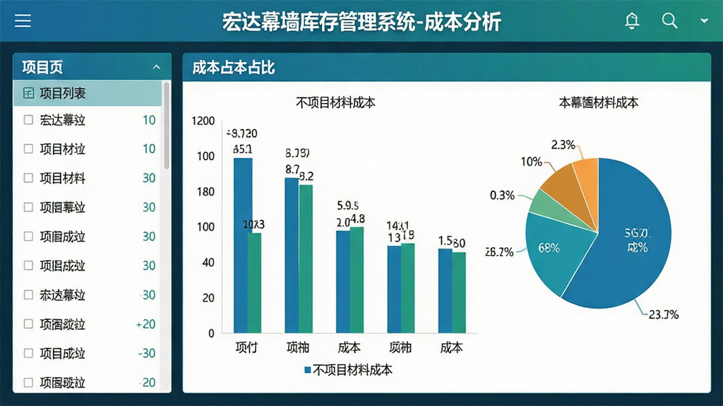 主体:宏达幕墙库存管理系统的成本分析图表界面。布局:左侧为项目列表,右侧为柱状图与饼图展示成本占比。排版:图表布局均衡,数据标签清晰。风格:商务数据可视化,蓝绿色调。细节:界面上方显示